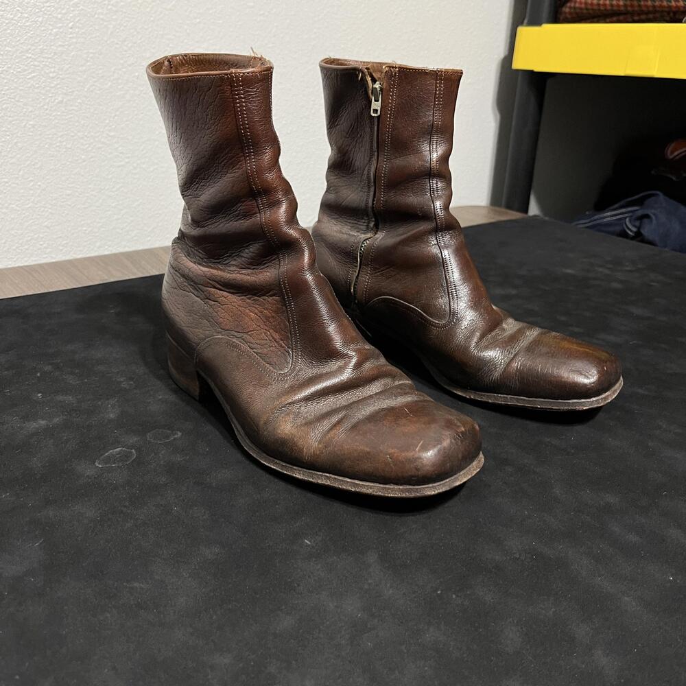 Vintage Florsheim Boots Mens Size 8.5 E Brown Leather Zip Ankle Square Toe 1960s